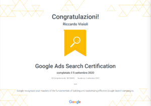 Certificazione rilasciata da Google sulle Display Ads, conseguita da Riccardo Visioli