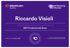 Certificazione di Semrush conseguita da Riccardo Visioli sulle fondamenta della SEO
