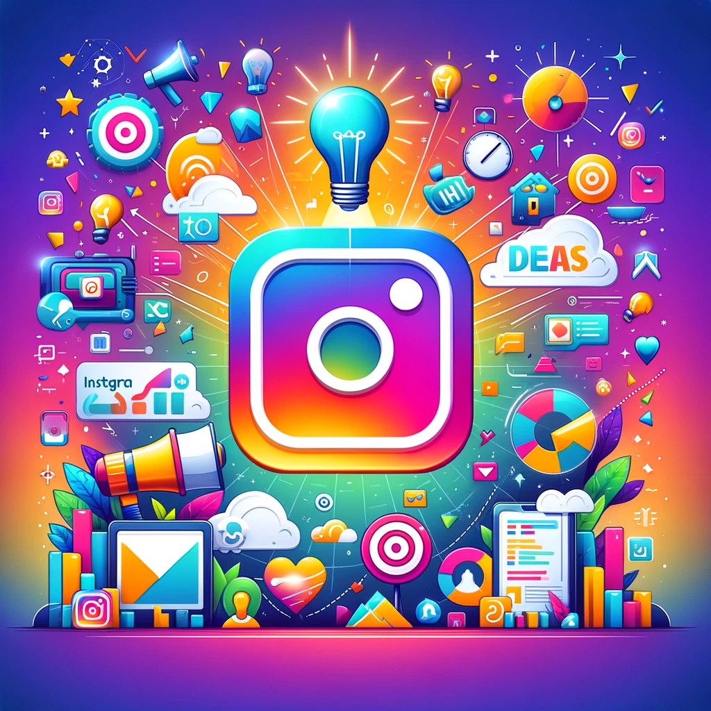 Illustrazione digitale colorata che visualizza i trucchi per la pubblicità su Instagram, con logo Instagram, lampadina, megafono, bersaglio e grafico, su sfondo di gradienti vivaci