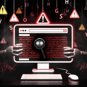 Schermo di computer mostrando testo con eccesso di parole chiave, circondato da simboli di avvertimento e occhio di algoritmo, in un'atmosfera cupa che evidenzia i rischi del keyword stuffing