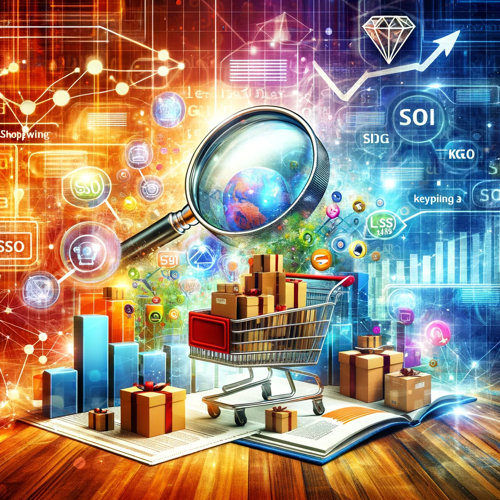 Collage digitale dinamico che mostra elementi di SEO per e-commerce, tra cui una lente d'ingrandimento su una pagina web, parole chiave, un carrello della spesa con scatole e un grafico in ascesa, simbolizzando l'aumento di traffico e vendite