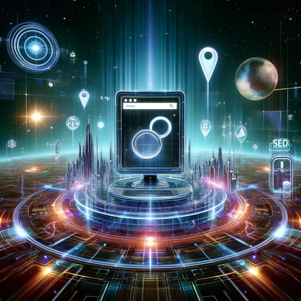 Illustrazione digitale futuristica che rappresenta tecniche SEO per il 2024, con un computer moderno e display olografici di icone SEO come parole chiave e ottimizzazione mobile, su sfondo cybernetico.